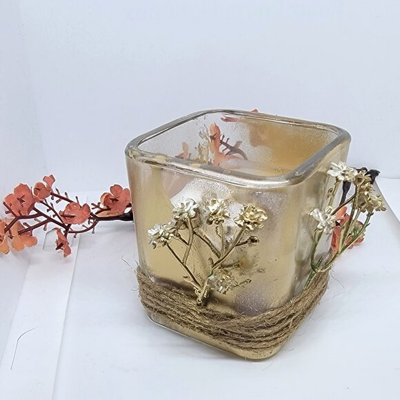 Hand Crafted Other - Handmade Candle with Gold Painted Votive Glass Vase and Floral and Jute Design